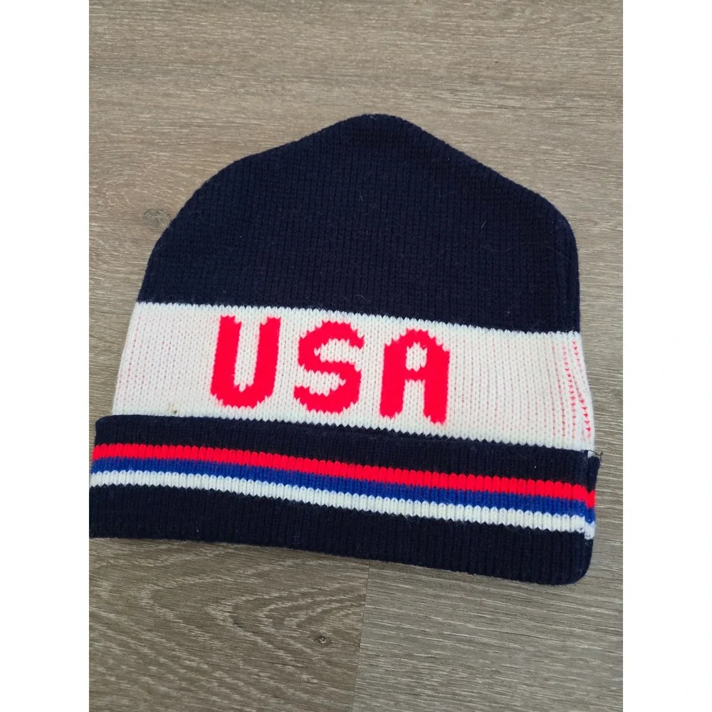 Vintage USA Knit Beanie Hat Red White Blue Patriotic Cuffed Winter Stocking Cap‎